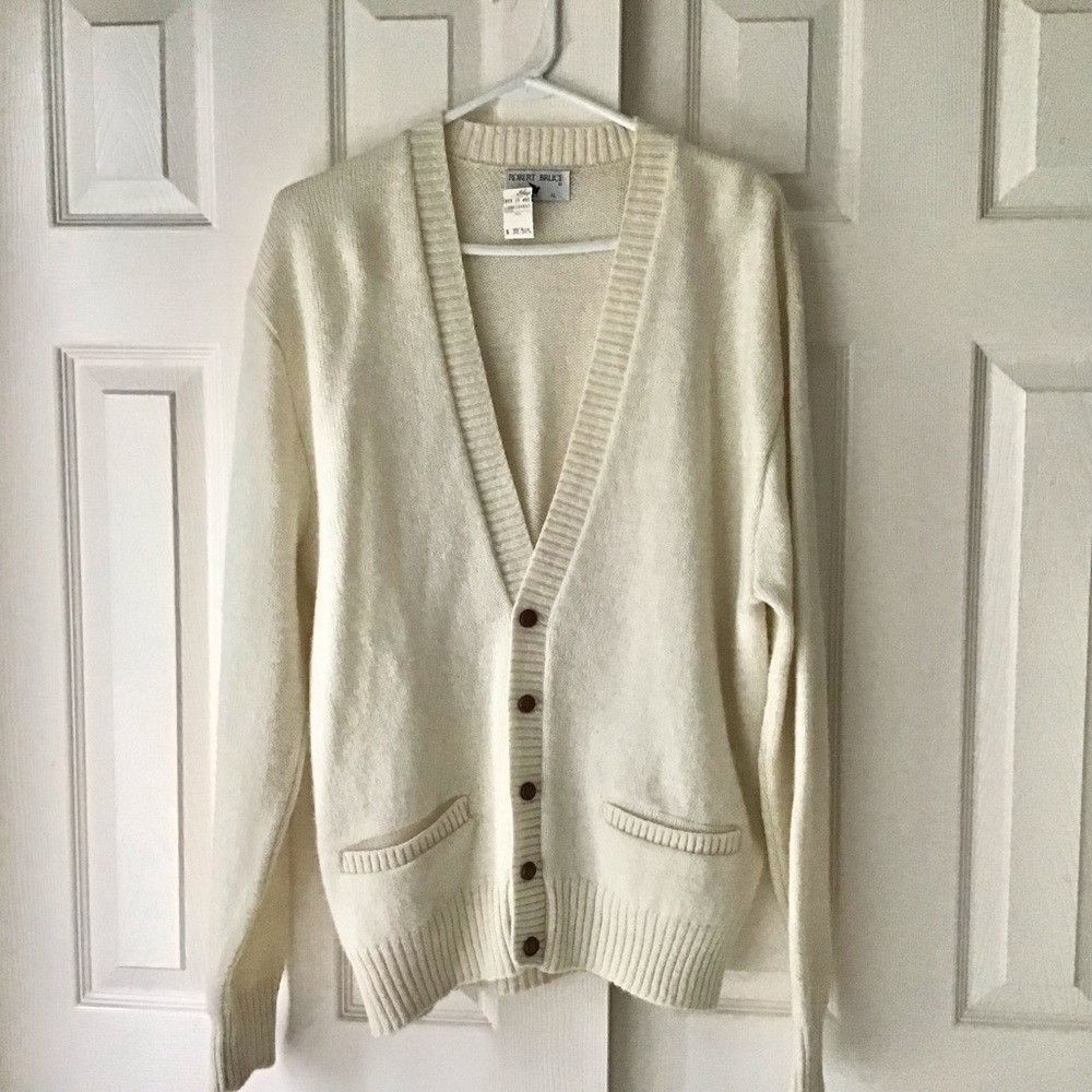 Vintage Robert Bruce Men XL Cardigan Sweater Ivory Wool Blend Golf USA Union Tag